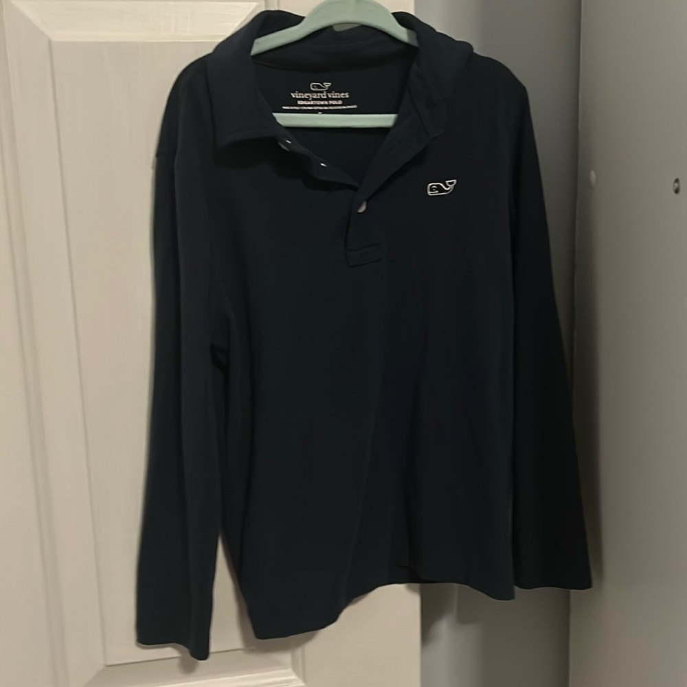 Long sleeve Vineyard Vines Edgartown Polo in navy blue.